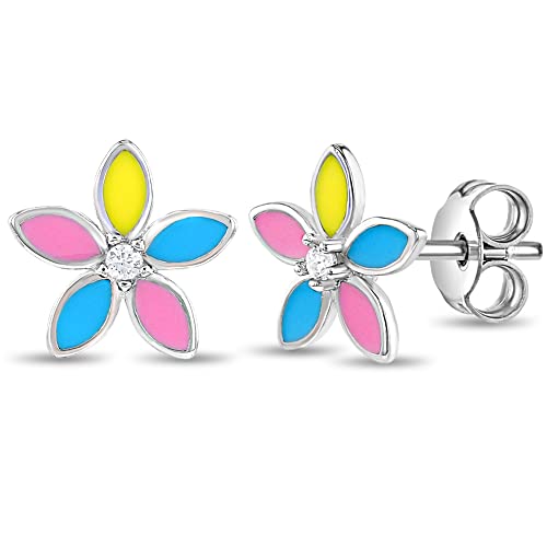 925 Sterling Silver Clear Cubic Zirconia Multicolor Flower-Shaped Stud Earrings For Girls- Fun & Colorful Stud Earrings For Toddlers, Little Girls & Young Teens Safe For Sensitive Ears