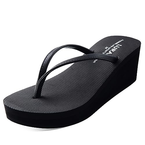 New Front Chanclas de Cuña Elegantes para Mujer Negras con Tacón Inclinado   Caucho Confort para Playa, Vacaciones, Piscinas y Arena de Verano
