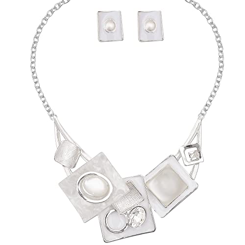 CSY Fashion Boho Oval Crystal Opals Statement Bib Necklace Earrings Bohemian Enamel Costume Jewelry Set Gifts for Women (white - silver tone)