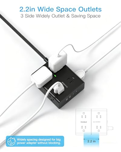 Image of One Beat Surge Protector Power Strip, 6 Ft Ultra Thin Flat Extension Cord with 8 Outlets 4 USB Ports(2 USB C), Flat Plug Power Strip, White Power Strip for Home, Office, Dorm Room Essentials, Black