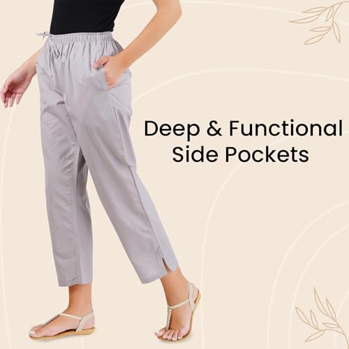 Image of Happy Bunny Parallel Pants for Women 100% Cotton Ankle Length Trousers Regular Fit with Elastic Drawstring Stylish & Pockets Casual Formal Wear for Office & Home