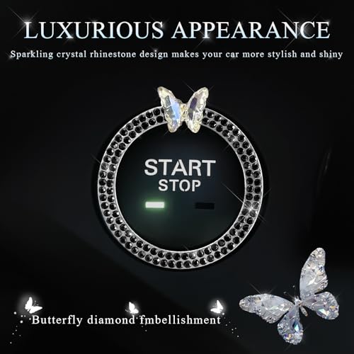 Image of DXNQ Bling Ring Emblem, Sparkling Butterfly Car Buttons and Knobs Ring, Girly Butterfly Diamond Car Engine Start Button Cover, Key Ignition Knob Rings Decoration for Women (Black, Double Row)