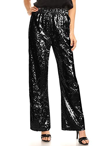 Anna-Kaci Women's Elastic Waist Sparkly Sequin 70's Disco Wide Leg Flare Palazzo Pants