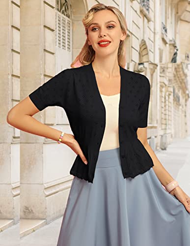 Summer Casual Short Sleeve V Neck Button Down Bolero Shrug Sweaters Lightweight Ruffle Knit Cropped Cardigans Black Xl #TOP1