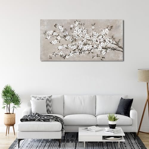 Image of VEAEE White Blossom Branches Wall Art, Floral Canvas Prints, Living Room Decor Abstract Flowers Painting Canvas Pictues, Contemporary Artwork Bedroom Office Kitchen Wall Decor Ready to Hang 24 inchx48 inch