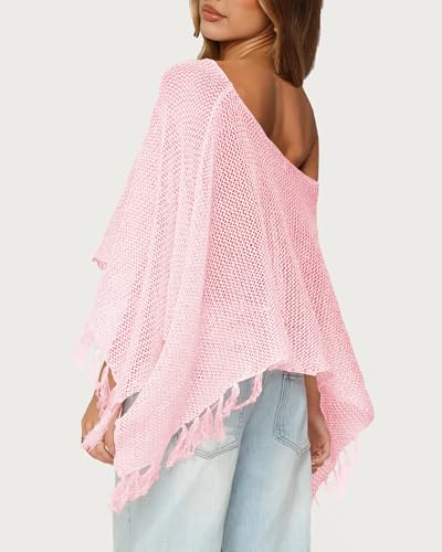 Womens Summer One Shoulder Knit Sheer Poncho Trendy Lightweight Boat Neck Fringe Pullover Sweaters3