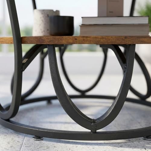 Image of Round Coffee Table Modern Sofa Side End Table for Living Room Center Table with 2 Shelf Storage Wooden Marble Print Tabletop (Golden Black)