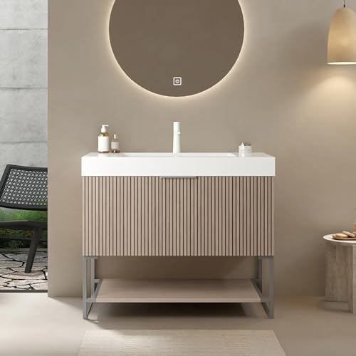 YSJZYBF 36" Bathroom Vanity with Sink, Bathroom Storage Cabinet with Drawer and Open Shelf, White Minimalist Rectangular Acrylic Integrated Basin, Pre-Assembled, Light Brown Oak
