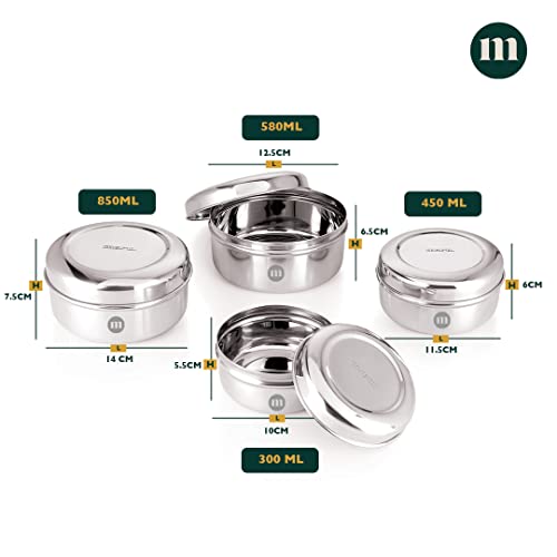 Image of MARU Fridge Storage Containers Stainless Steel set of 4 ((250ml, 450ml, 600ml, 850ml) - Small Round Airtight Food Storage Container, Multipurpose Kitchen Boxes for Leftovers Food, Roti, Chapati & Atta