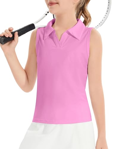 Image of Girls Sleeveless Polo Shirts, Kids V Neck Golf Shirts Blouses, Quick Dry Athletic Girls Tennis Tank Tops, Size 5-14