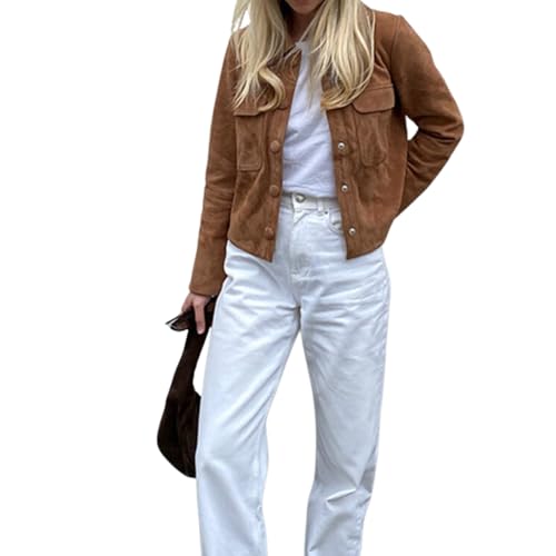 Button Down Cropped Suede Jacket Women Y2k Streetwear Faux Leather Bomber Jacket Fall Fashion 2024 Winter