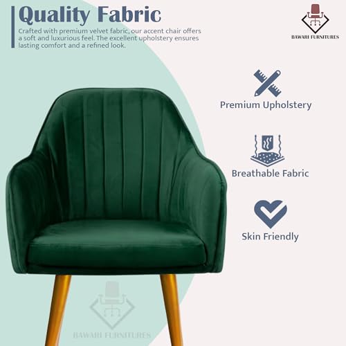 Image of Accent Chair for Living Room| Soft Velvet Fabric Armchair with Multi Colour Leg Options | Modern Chair with Thick Cushion for Home Office restaurent and cafes| 1pc (Golden Legs, Green)