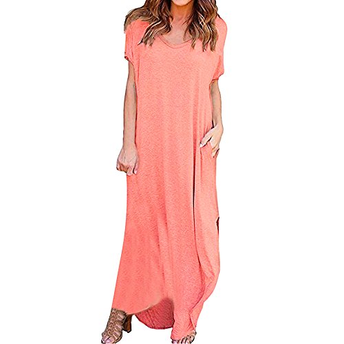 Stekima Women’s Summer Dresses Casual Short Sleeve O Neck Solid Plain Side Split Maxi Dress for Ladies Elegant Plus Size Sleeveless Swing A-Line Dress Cocktail Party Beach Summer Holiday Sun dress