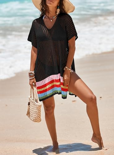 Dokotoo Women's Swimwear Beach Bikini Swimsuit Color Block Cover-ups Crochet Striped Side Split Mini Dress3