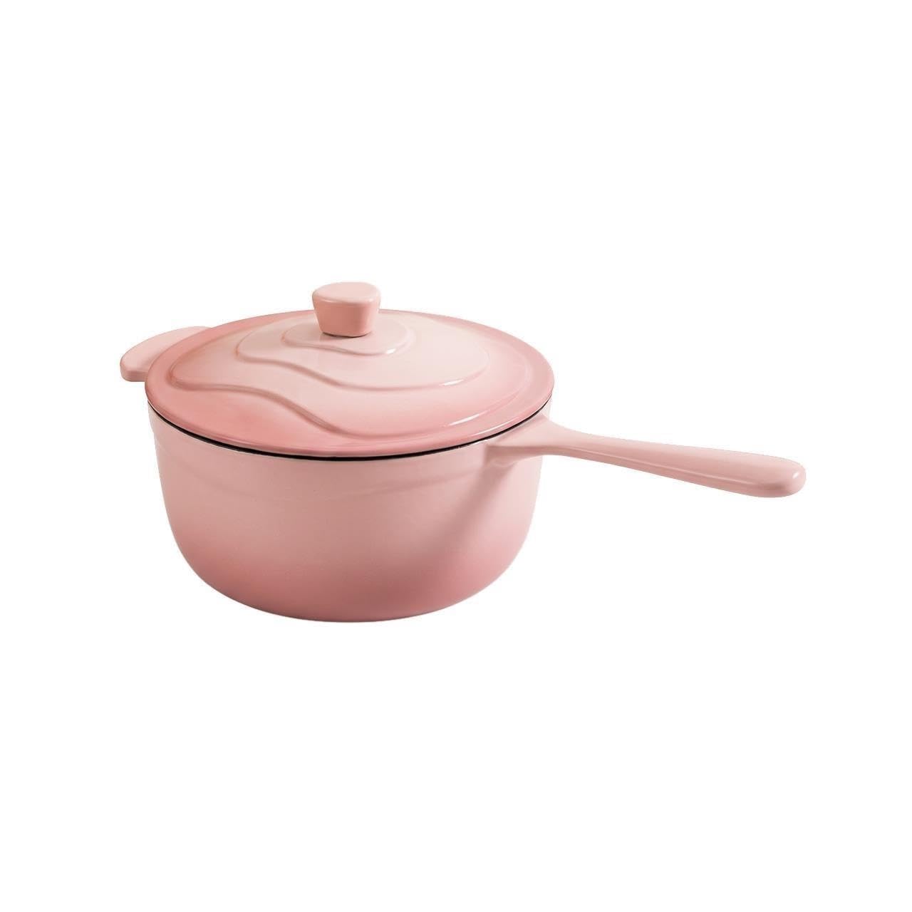Cacerola For Leche Hierro Fundido Esmaltado De 18 Cm, Cacerola Pequeña De 1,5 L Con Un Solo Mango For Leche, Sopa, Fideos Y Gachas, Compatible Con Cocinas Inducción Y Gas, Rosa