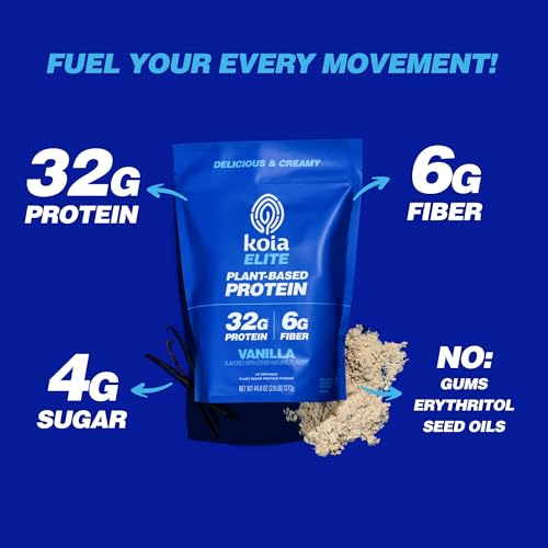 Image of Koia Plant Based Protein Elite Powder, Vanilla, 32g Protein, 4g Sugar, 6g Prebiotic Fiber, Pre & Post Workout, 21 Vitamins & Minerals, Dairy-Free, Gluten-Free, Non-GMO, 24 Servings, 44.8 Oz