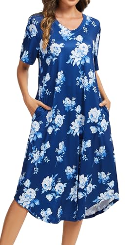 Image of Kabento Nightgowns for Women Cotton Short Sleeve Long Night Gowns with Pockets