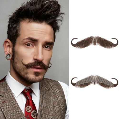 Aosyax Fake Mustache Stick On Realistic Human Hair Fake Beard Handmade Invisible Lace Fake Facial Hair for Cosplay Halloween Costumes Drama Movie Brown Beard