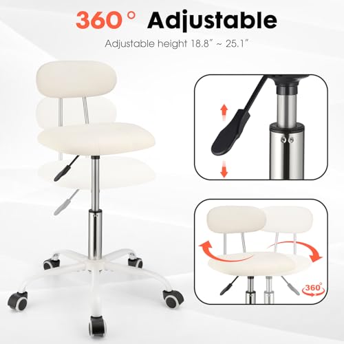 Image of Square Rolling Stool with Backrest Height Adjustable Chair Swivel Drafting Chair Stool Chair with Wheels Stable Base Foot White
