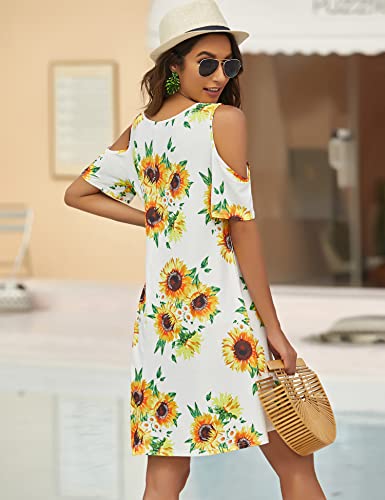 Image of Bluetime Women Cold Shoulder Summer Dress Short Sleeve Beach Casual Loose Swing Dress