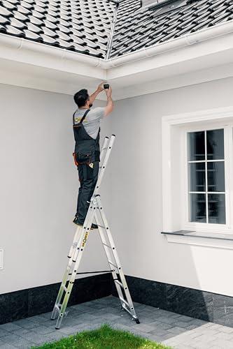 DRABEST - Home - Aluminium-Leiter - 3x6 Sprossen - Max. 2,97 m lang - Max. Arbeitshöhe 3,98 m - bis 150 kg - 3-teilig - Mehrzweck-, Steh-, Auszieh- Klappleiter - rutschfest - Verstellbar