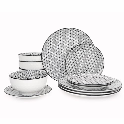 CQN&ZXD Dinnerware Sets, 12-Piece, Crystal Aesthetics Embossed Dish Plates and Bowls Sets, Service...
