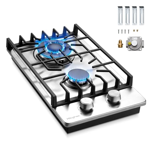 2 Burner Propane Stove, Hibghse 12 Inch Gas Cooktop Built-in Gas Stove NG/LPG Convertible Stainless Steel Stove Burner with Thermocouple Protection for Kitchen, Apartment, Outdoor, RVs