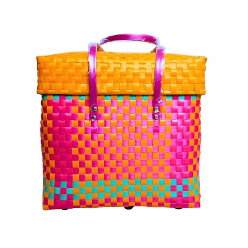 Image of Hand Made Multipurpose Plastic Basket with Lid | Eco-Friendly, Washable, Rust-Free Storage Basket for Kitchen, Picnic, Toys, Travel, Office | Lightweight basket (Orange with yellow, Small)