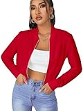 SweatyRocks Women's Casual Long Sleeve Solid Zip Up Coat Crop Bomber Jacket Red Color M
