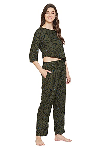 Image of Clovia Women's Satin Animal Print Crop Top & Pyjama