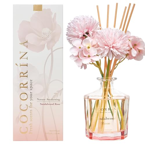 Cocorrína Flor Difusor de Varillas con 8 Varillas de Fragancia 250ml/ Sándalo Rosa/Ambientadores de Hogar, Ambientador Varillas/difusor de Aromas/para Decoración de Baños y Estanterías