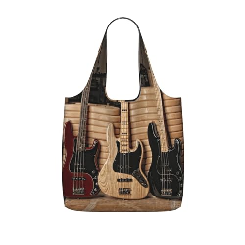 bghdfa Bolsa de la compra plegable con estampado de instrumentos musicales de guitarra, bajo, de poliéster ligero con cordón