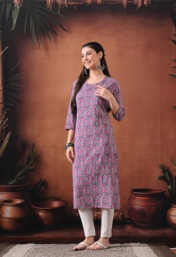 Image of Ichaa Women's Pure Cotton A-Line Katha-Work Ethnic Round-Neck Kurta with 3 /4th Sleeve for Daily and Office Wear, in Plus Sizes