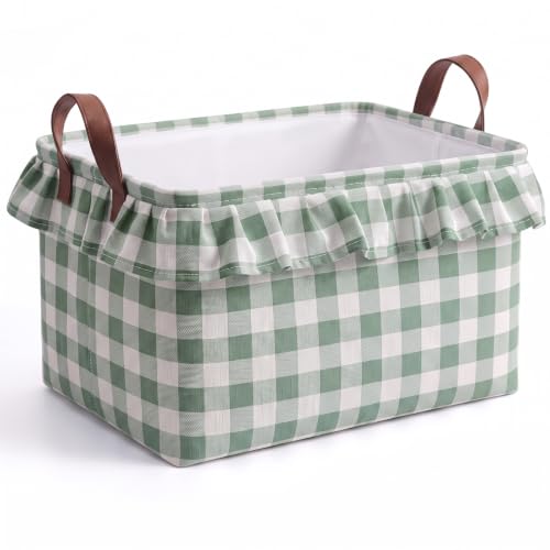 Image of Boao 1 Pcs Sage Green Ruffled Gingham Canvas Basket, Rectangular Organizing Decorative Storage Basket with Handle, Cute Farmhouse Home Decor for Nursery Room Bathroom Living Room