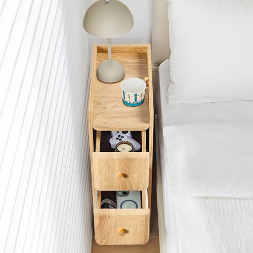 Image of Narrow Nightstand Set of 2, Wooden Small 2 Drawer Nightstand, Slim Side End Table, Skinny Bedside Table, Mid Century Modern Night Stand with Drawers for Bedroom (Natural-2 pcs)