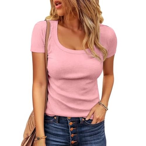 VICHYIE Womens Summer Short Sleeve Tops Square Neck Loose Tunics Henley Casual Shirt Tee Tshirt Large Pink