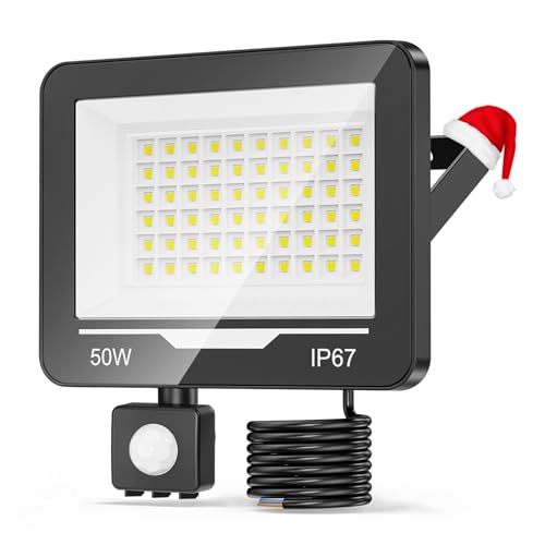 TOPAUBUB 50W 5000LM Faretto LED da Esterno con Sensore di Movimento 1 Pezzi, 6500K Bianco Freddo Impermeabile IP67 Faretto Faro LED Esterno con Sensore Movimento per Cortile, Giardino