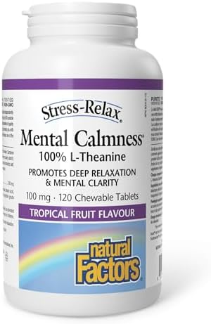 Natural Factors Stress-Relax Mental Calmness, 120 Chewable Tablets, Tropical Fruit Flavour, Suntheanine L-Theanine 100 mg, Promotes Deep Relaxation, Proudly Canadian