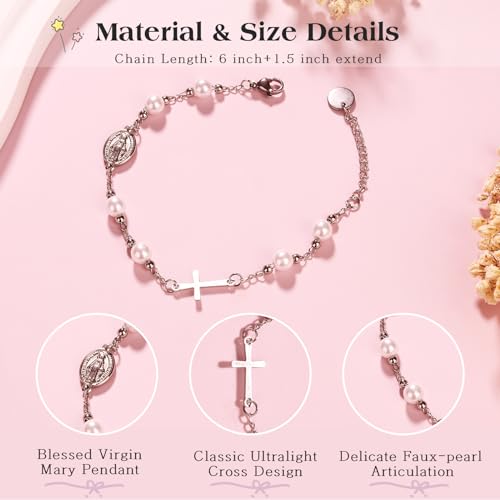 Catholic Cross Bracelet for Girls Charm Bracelet Jewelry Gift for Women First Communion Baptism Confirmation Gifts for Girls Stainless Steel Imitation Pearl Rosary Bracelet4