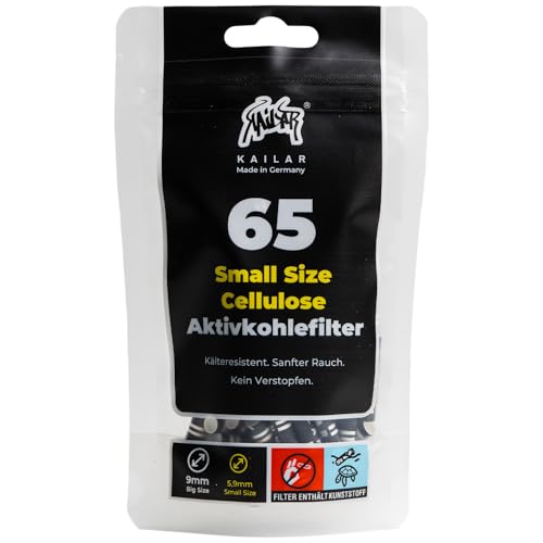 KAiLAR 65 filtros de carbón activo de celulosa negra Slim (6 mm) con carbón activo vegano de cáscaras de coco | para una experiencia de fumar más suave y sin sustancias nocivas
