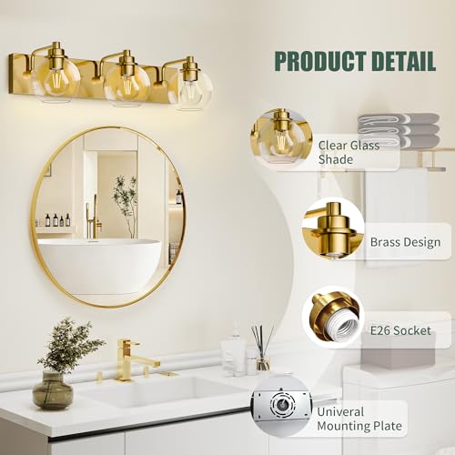 Image of 3 Light Bathroom Light Fixtures-Brushed Gold Bathroom Vanity Lights, Modern Vanity Lights 3-Light Bathroom Lighting Fixtures Over Mirror with Clear Glass Globe Shade