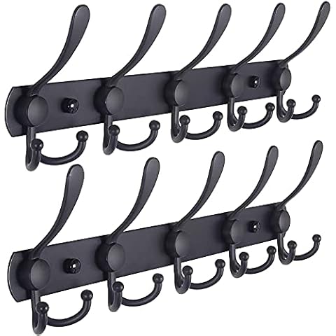 FairyCity Coat Hooks Wall Mounted, 2 Pack Metal Heavy Duty Coat Hooks Rail,5 Tri Hooks for Hanging Coats, Scarf, Bag, Towel, Robes etc (Black) Cover