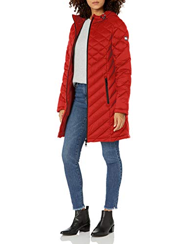 Tommy Hilfiger Women's Midlength Hooded and Quilted Packable Jacket, Crimson, Medium