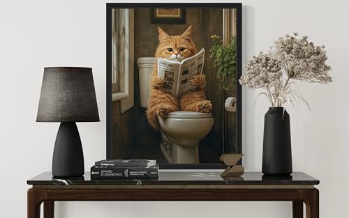 Image of Cat 3 on Toilet Black Framed Wall Art Print Poster, Dog Bathroom Humor Decor Posters Prints for Restroom Home Picture Painting Artwork Gallery 7 (Cat 3, 20 inchL x 16 inchW, Black Frame)
