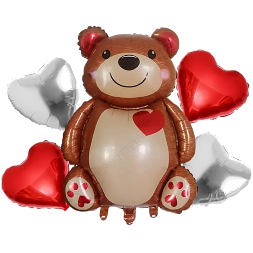 Image of KITTER Bear Theme Birthday Party Decoration Kit, Birthday Decor Foil Balloons Set for Boys Girls Kids, Set of 5 Pieces | Includes 1 Big Bear, 2 Red Hearts & 2 Silver /Chrome Colour Foil Balloons