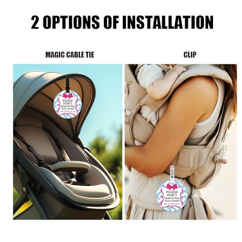 Image of 2 Pack Red Knot Bow No Touching Signs Stop No Touching Safety Sign for Family PVC Seat Signs-Stroller Tag with Hanging Strap and Clip Durable for Car Accessories 5 Inches