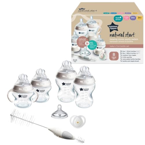 Image of Tommee Tippee Natural Start Baby's First Bottle and Pacifier 8 Piece Set, 2 x 5oz and 2 x 9oz Anti-Colic BPA Free Bottles, 1x Medium Flow Nipple, 1x 0-6 Month Pacifier, Clear | 2x5oz & 2x9oz Anti-Colic BPA Free Bottles, Medium Flow Nipple, 0-6m Pacifier, Clear