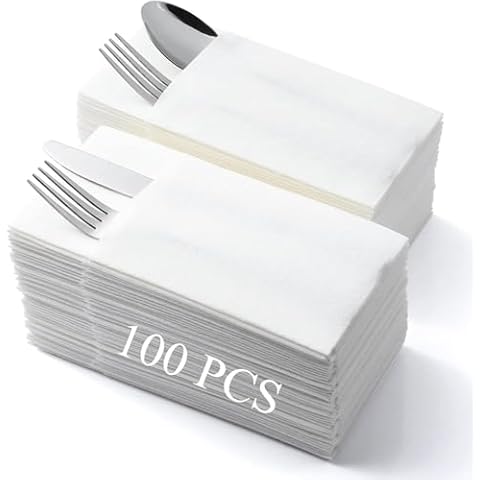 LEKOCH 100 pcs Premium White Pocket Napkins Disposable Linen Feel Built in Flatware Dinner Napkins for Reception Wedding Christmas Cover