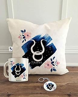 alDivo Taurus Zodiac Sign Printed Combo Gifts | Zodiac Sign Taurus Printed Cushion Cover, Coffee Mug and Key Ring