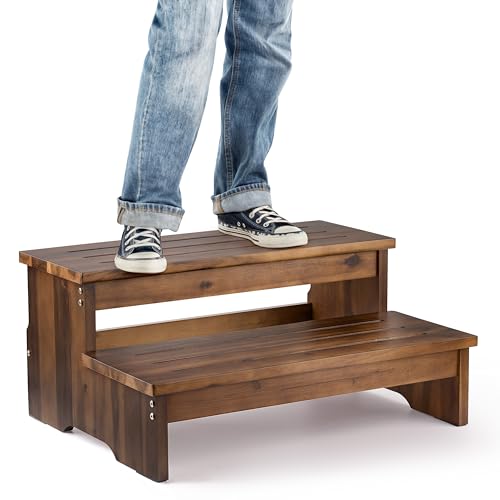 TINAMO 25 Acacia Bed Steps for High Beds for Adult 500LBS - 2-Step Wood Step Stool - Wooden Step Stool for Bed - Heavy Duty Hot Tub Steps & Hot Tub Stairs - Walnut Color (Patent Pending)
